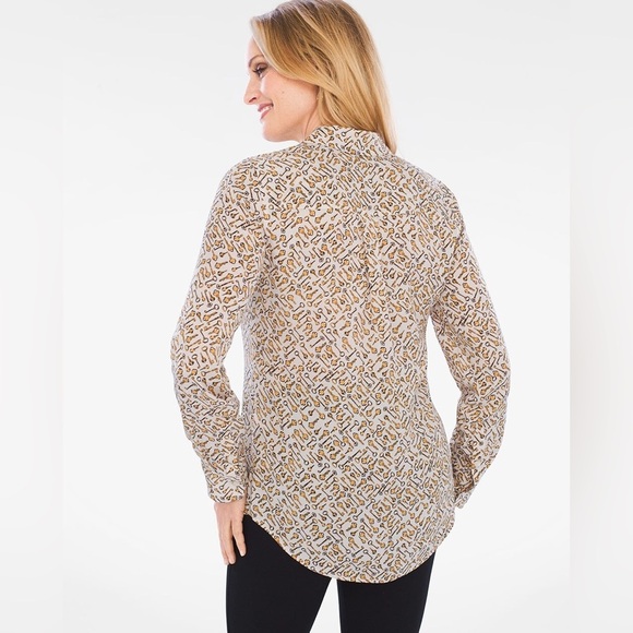 Chicos size 1 Medium Keys Print Button Up Long Sleeve Blouse Top Key Gold White - Picture 2 of 8